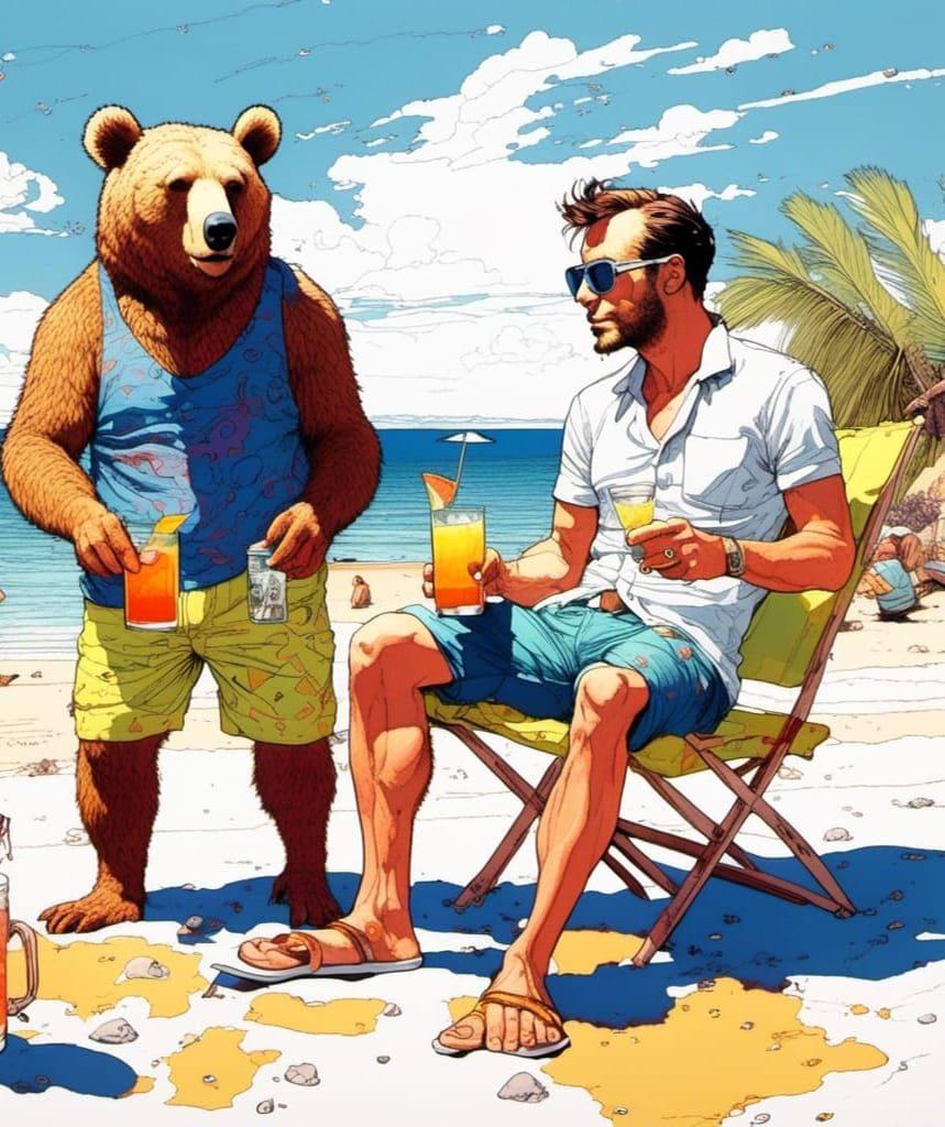 Psychedelic Beach Scene: Man and Bear Enjoying Cocktails