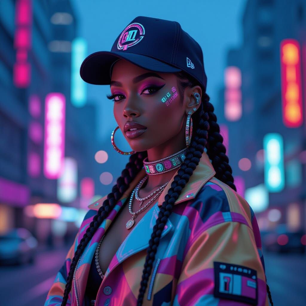 Cyberpunk Fashion: Black Woman in Neon Cityscape