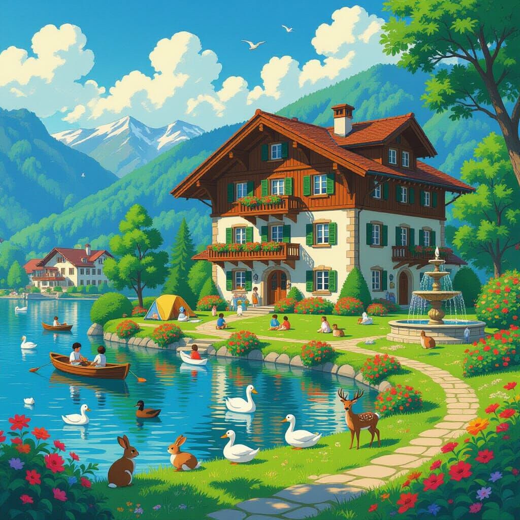 Grand Swiss Chalet by Lake with Mountains and Anime Style