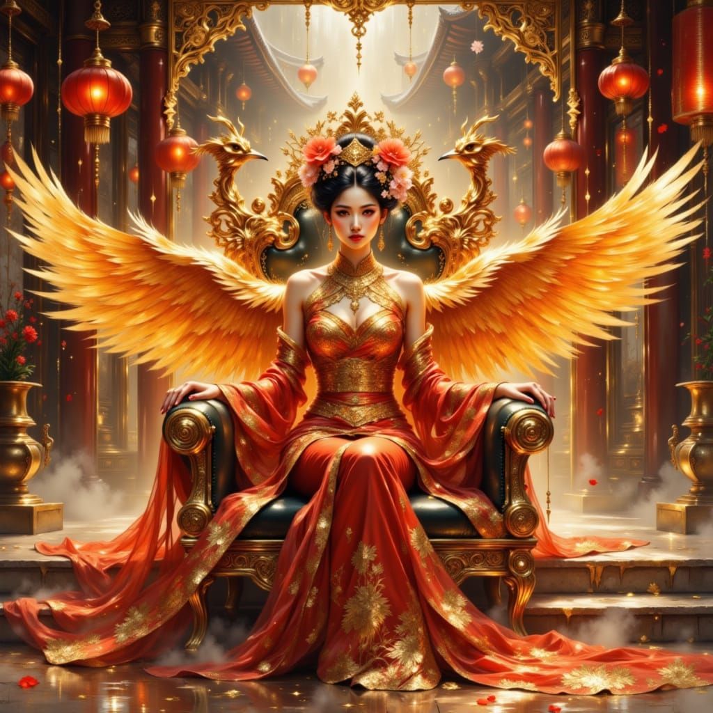 Regal Asian Woman with Phoenixes on Golden Throne