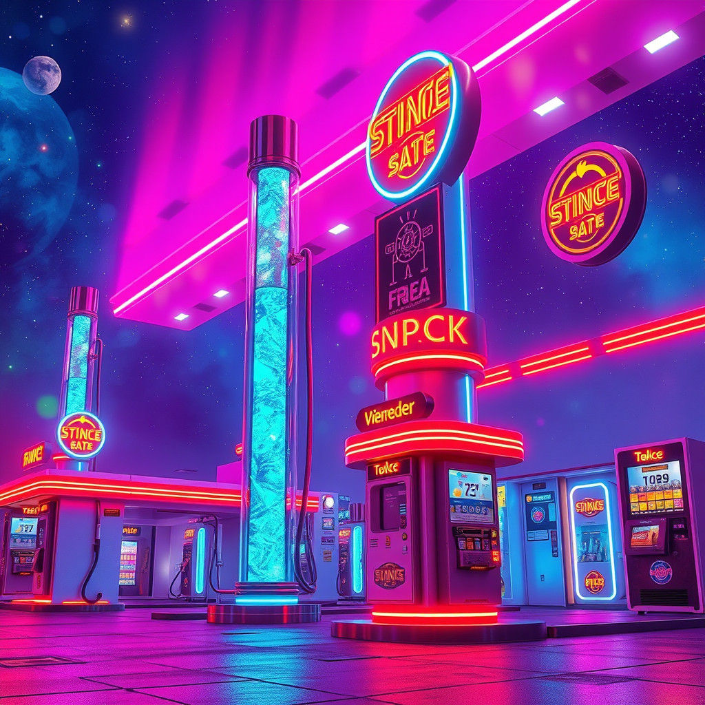 Intergalactic Gas Station in 80s Futurism Style