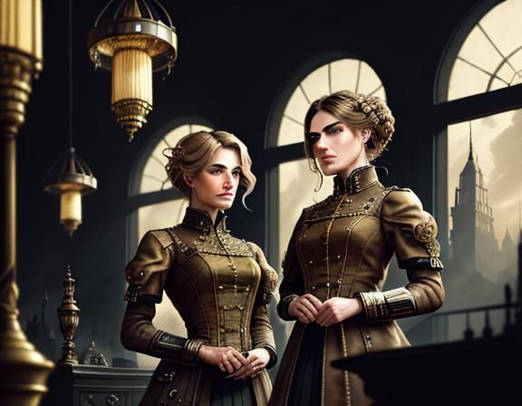 Steampunk Twins in Time Machine, Cinematic Digital Art