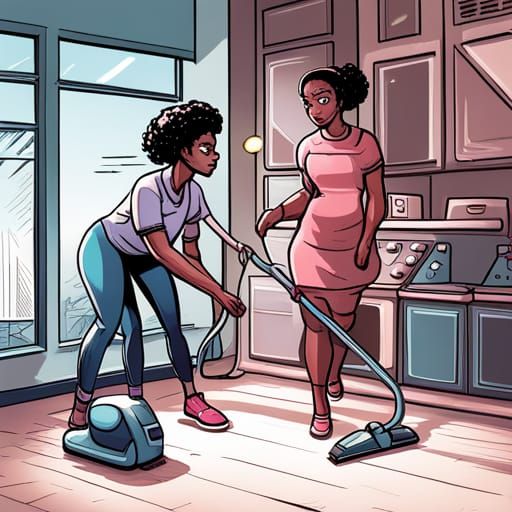Cartoon Black Girl Cleaning House in Comic Book Style