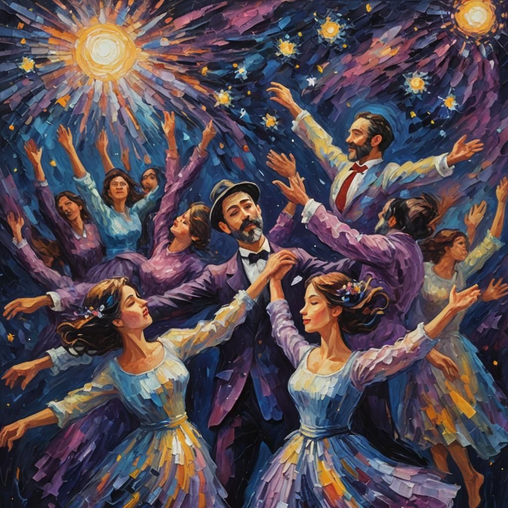 Joyful Dance Under Stars: Neo-Impressionist Oil Painting