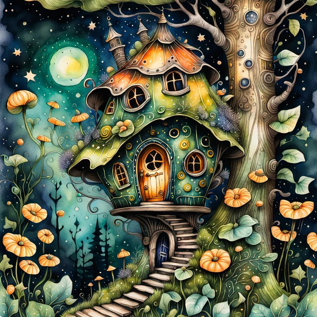 Fairy House in Pumpkin: Steampunk Ink Illustration