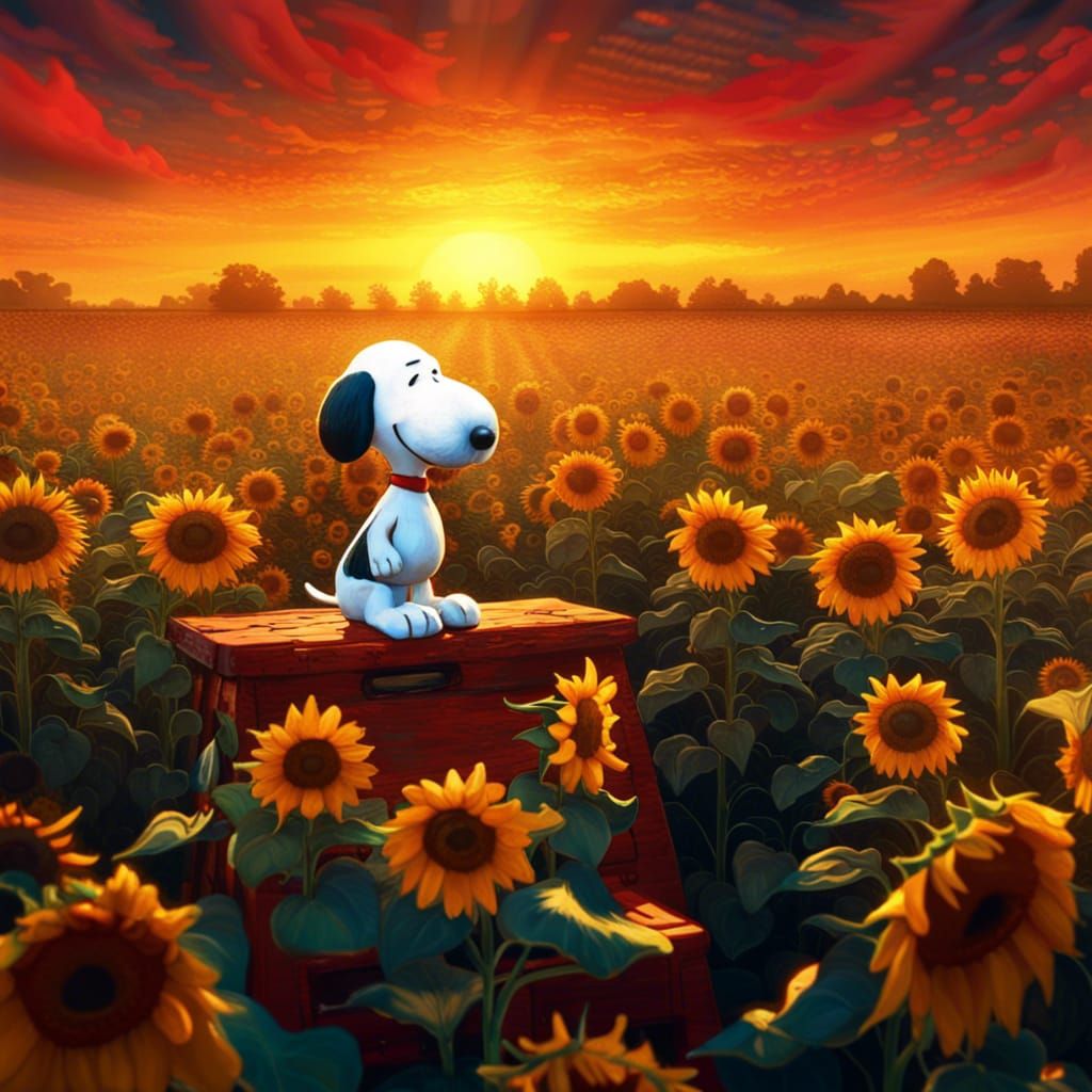 Snoopy in Sunflower Field: Van Gogh Style Painting