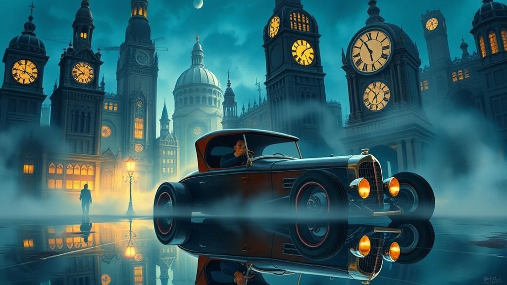 Steampunk Hot Rod in Victorian City at Blue Hour