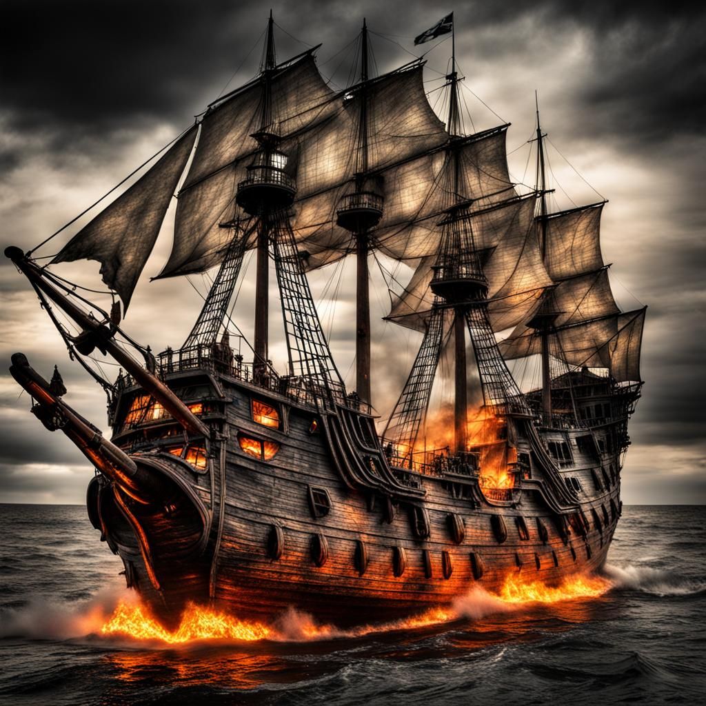 Burning Skull Pirate Ship in Hyperrealistic Style