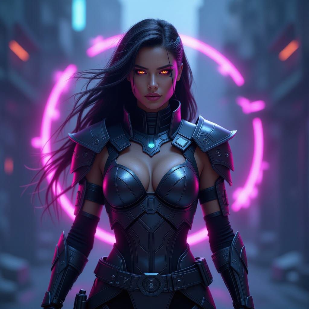 Cyberpunk Female Warrior with Mystical Energy