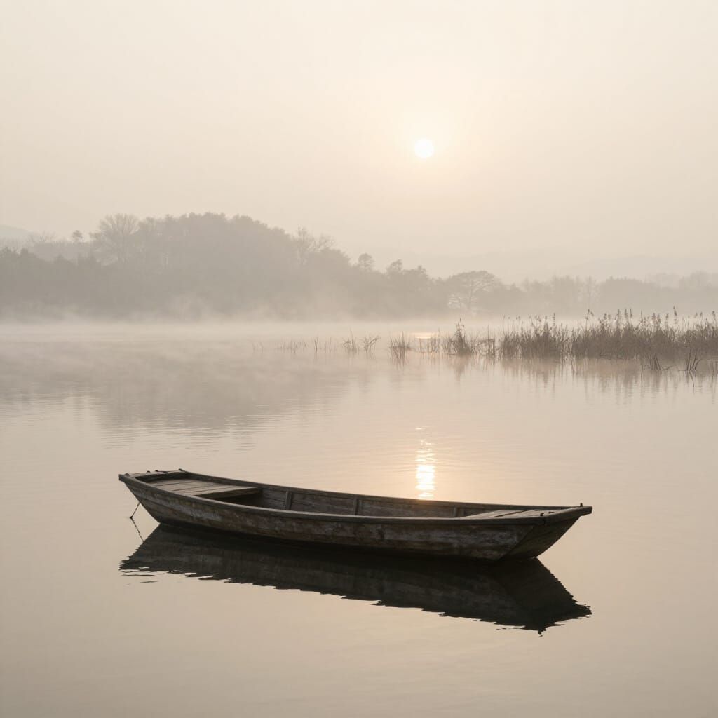 Antique Boat on Misty Lake at Dawn