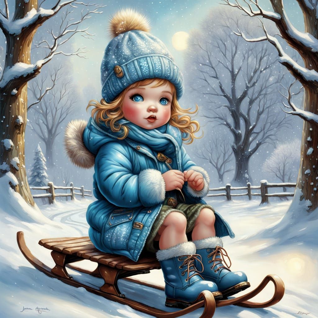 Baby on Sled in Winter Wonderland Digital Art