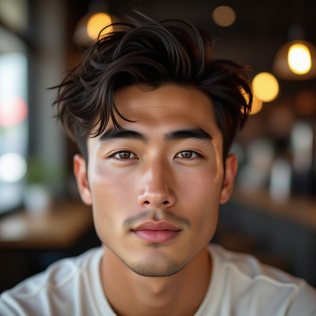 Close-Up Portrait of Young Asian Man with Tousled Hair