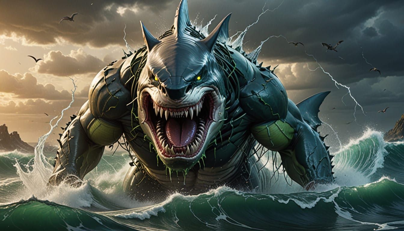 Terrible Shark-Hulk Hybrid Rises from the Stormy Depths
