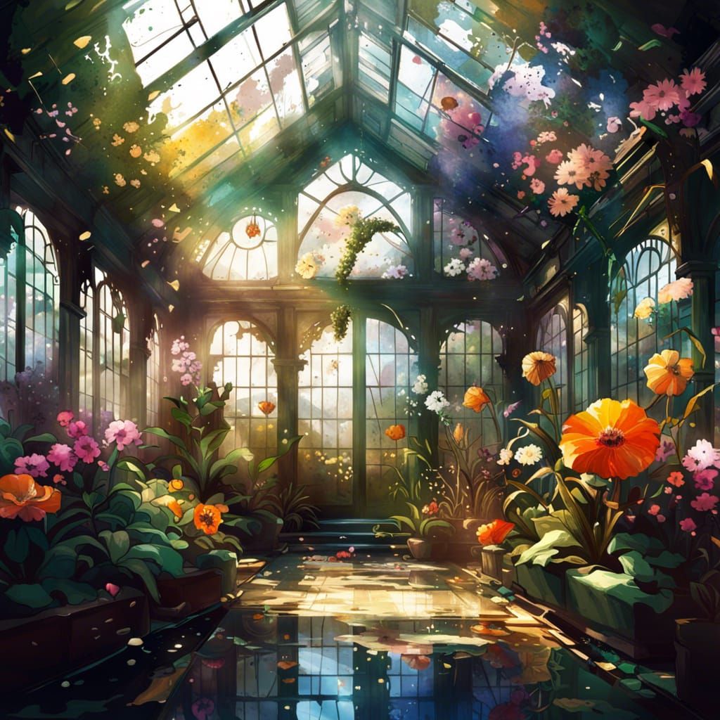 Botanical Greenhouse in Ink Splatter Style