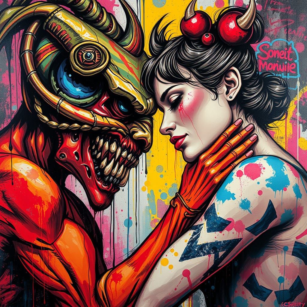 Woman Embracing Her Inner Demons in Vibrant Graffiti Art