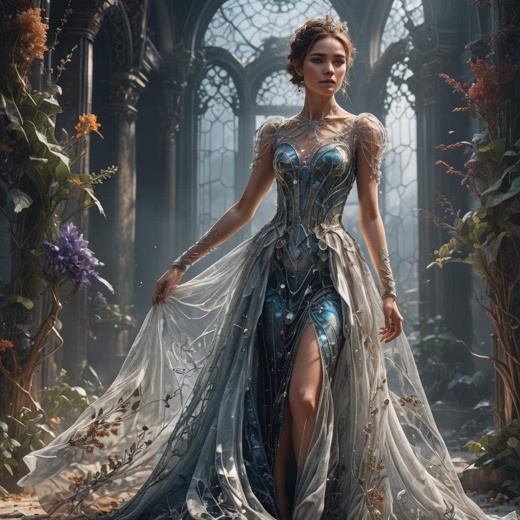 Woman in Sheer Glass Dress: Detailed Matte Painting