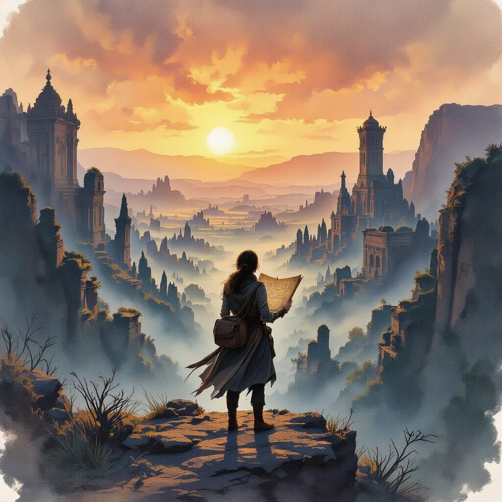 Explorer Surveys Ancient Ruins at Sunset in Watercolor Style