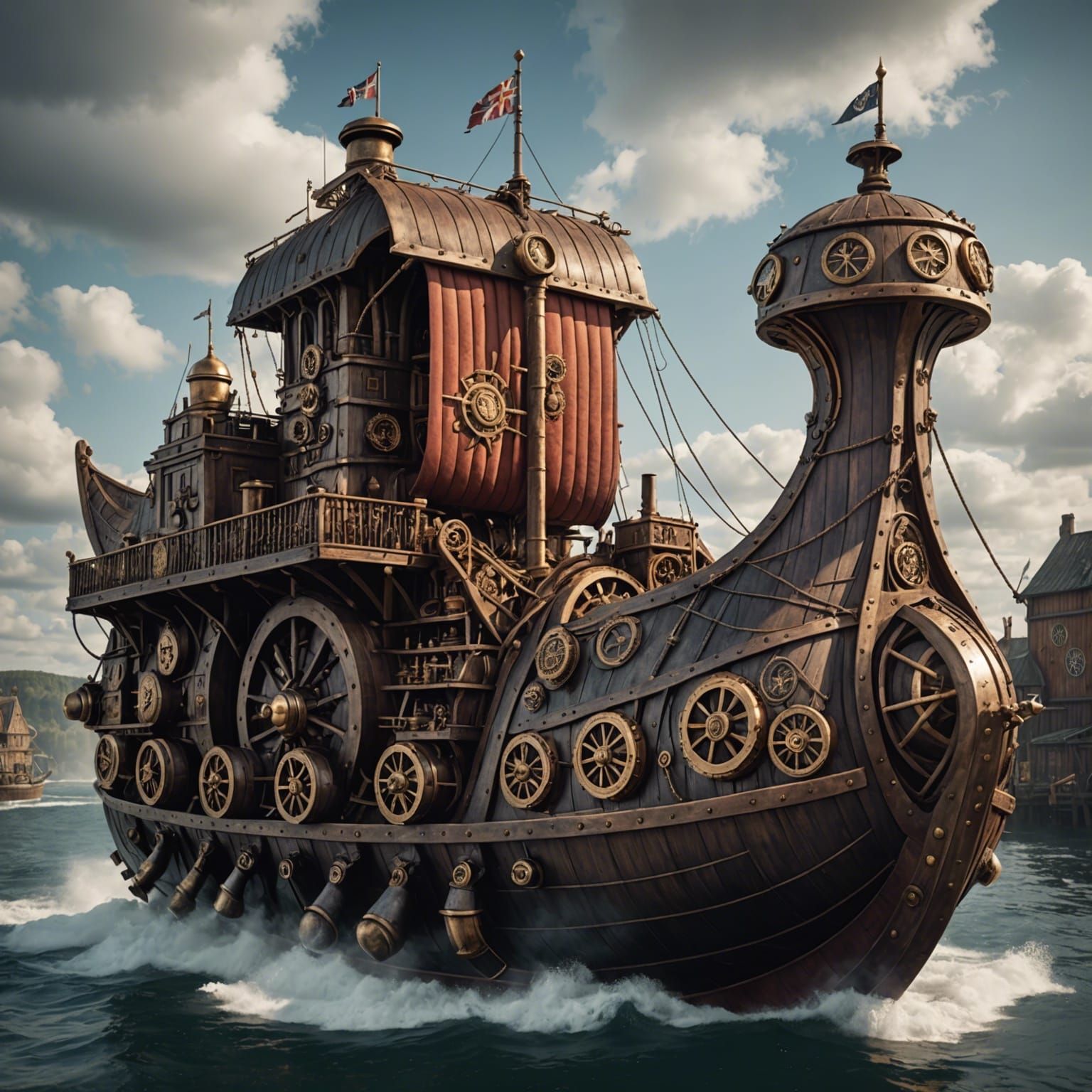 Steampunk Viking Ship on the Open Sea