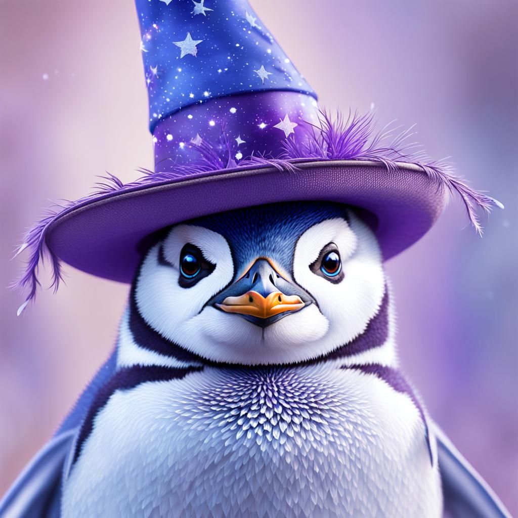 Cute Blue Penguin in Witch Hat: Wildlife Art