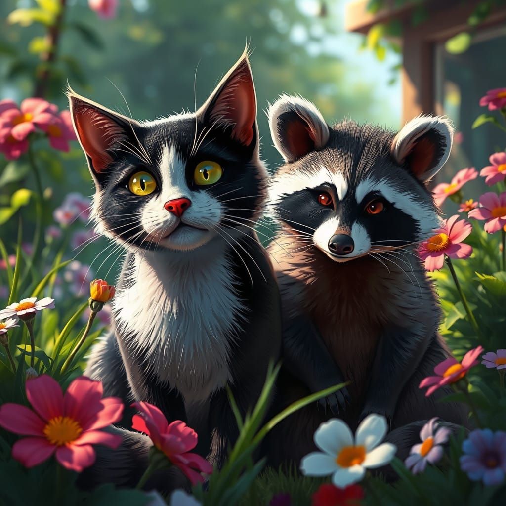 Whimsical Night Creatures in a Sunlit Backyard Scene