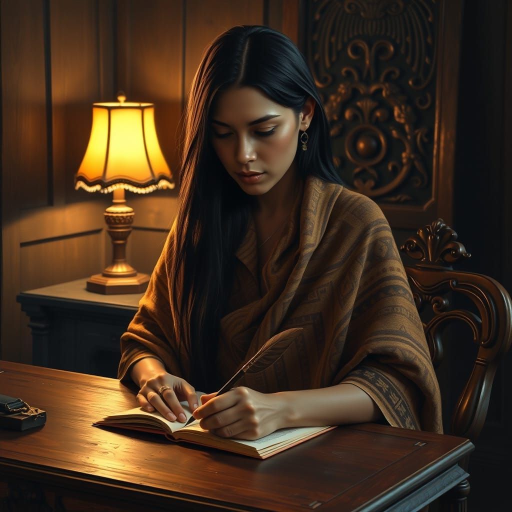 Maori Woman Writing with Serene Dignity in Traditional Shawl