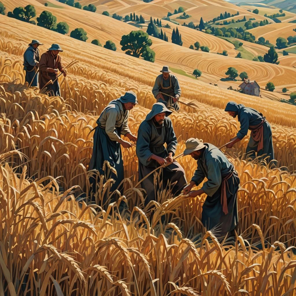 Wheat Harvest on Hillside in Fauvist Colors