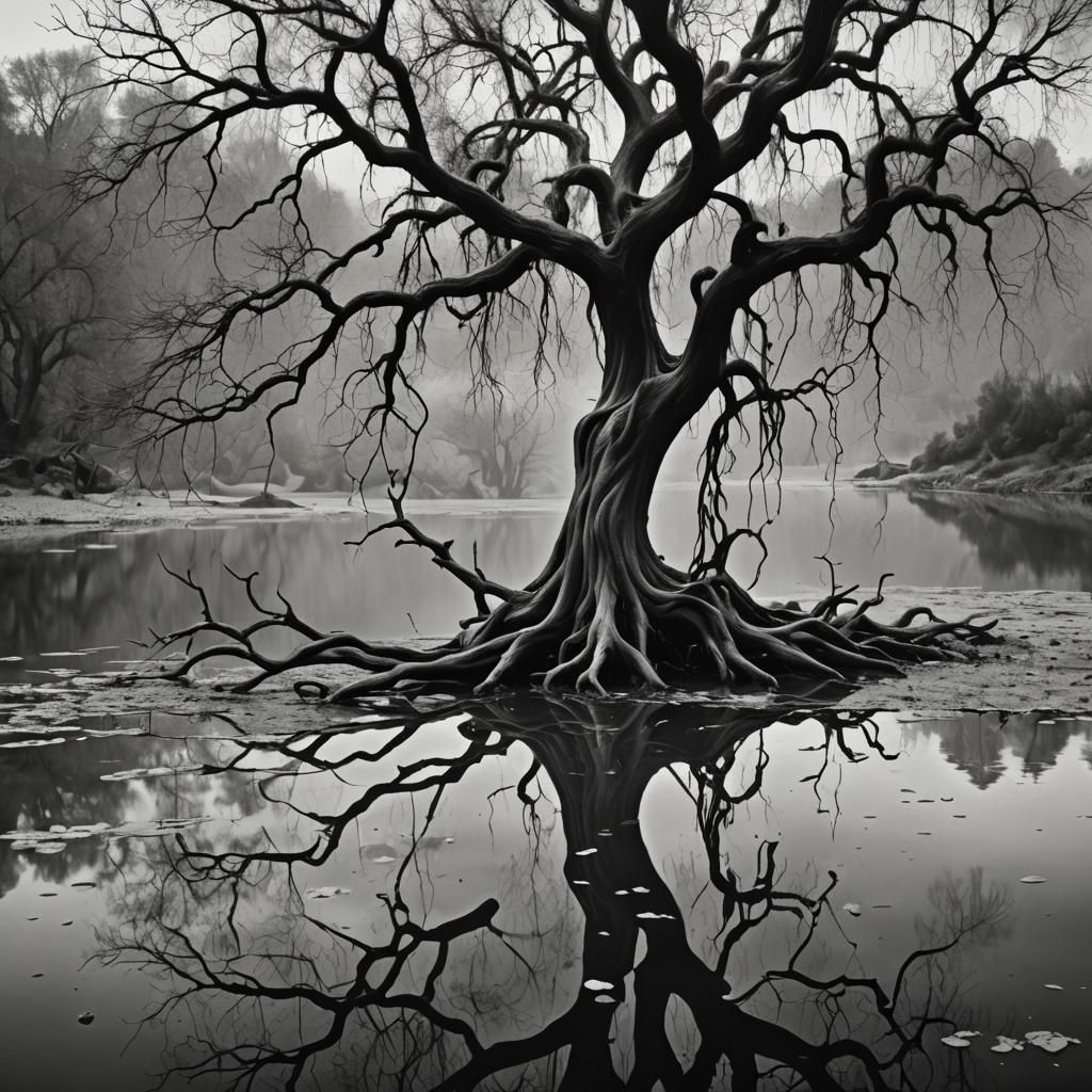Surreal Melting Tree in Dreamlike Lake