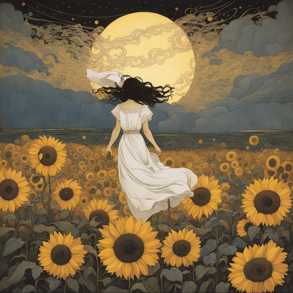 Dreamlike Victorian Child Amidst Whimsical Sunflowers and Ce...