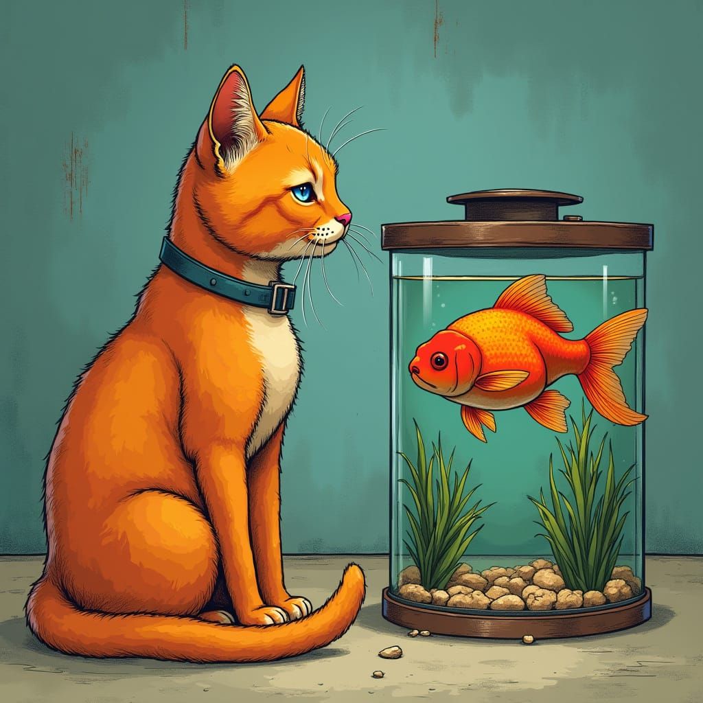 Hyperrealistic Cat and Goldfish in Comic Style
