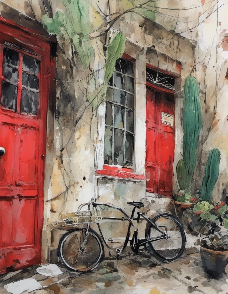Red Door and Bicycle with Alcohol Ink Effects