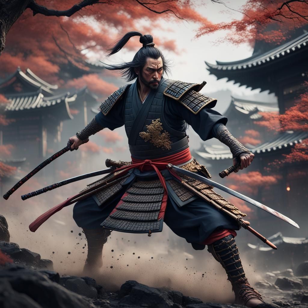 Samurai Battle in Minka: Detailed Fantasy Art