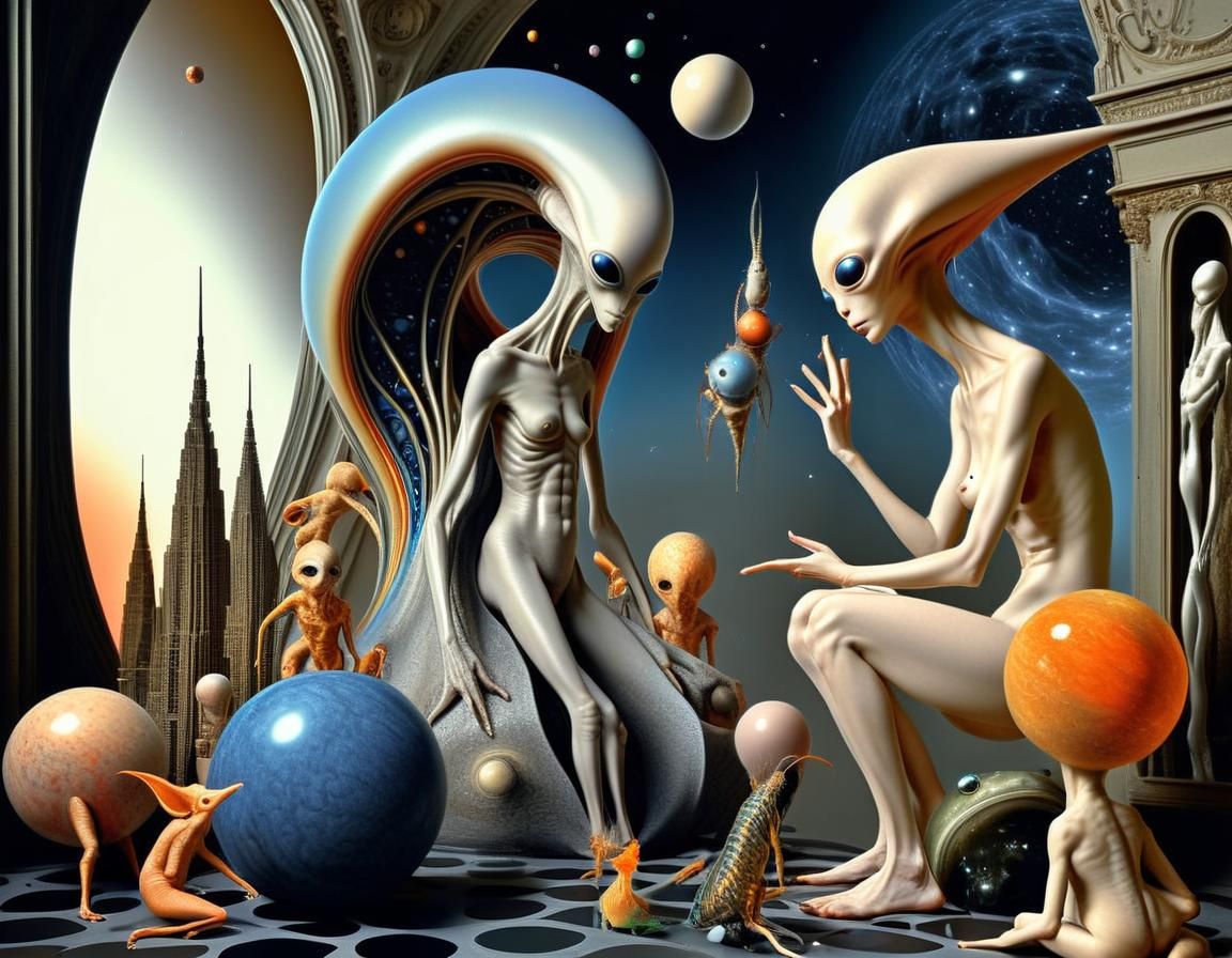 Hyperrealistic Alien-Human Gathering in Elegant City Home