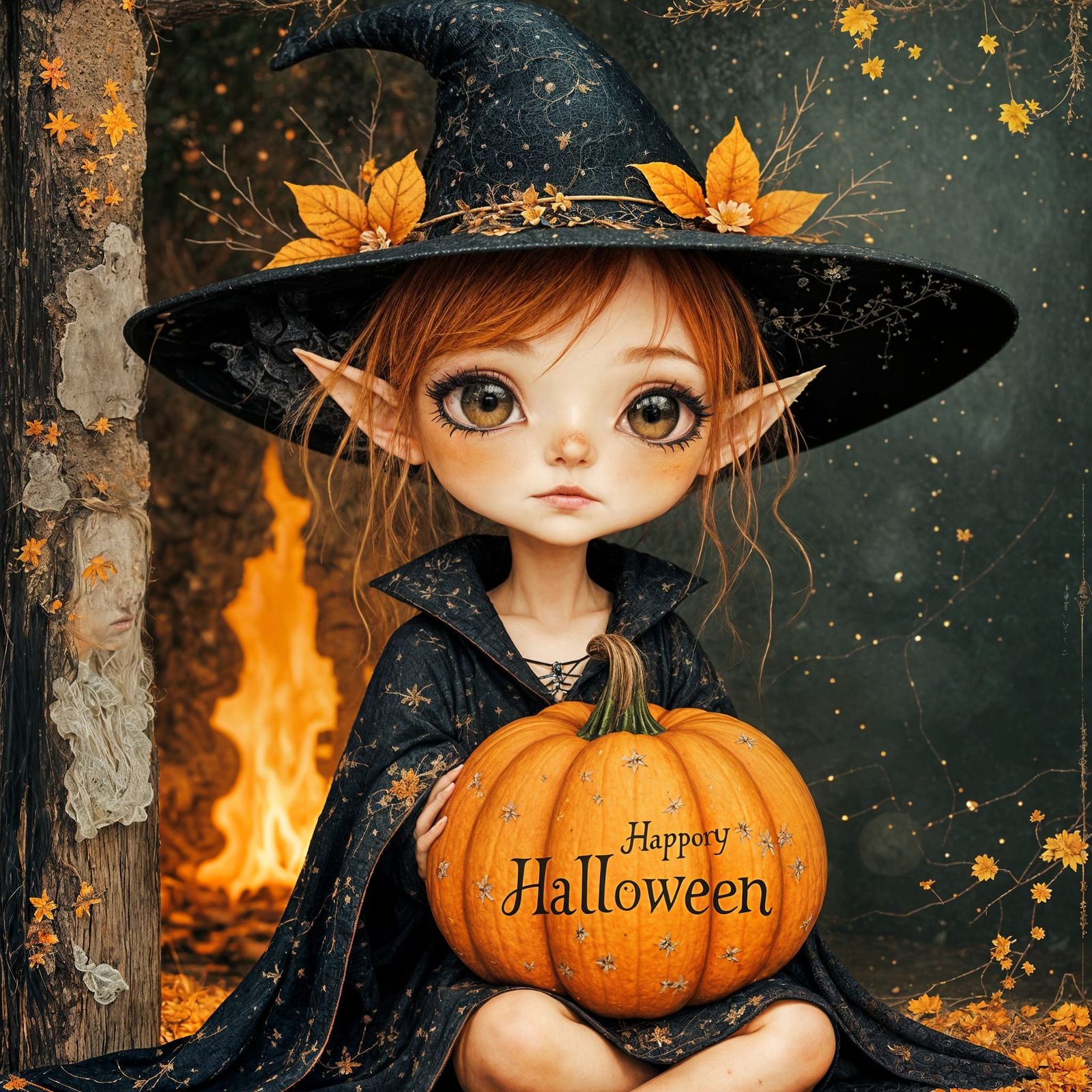 Young Elven witch holding a pumpkin