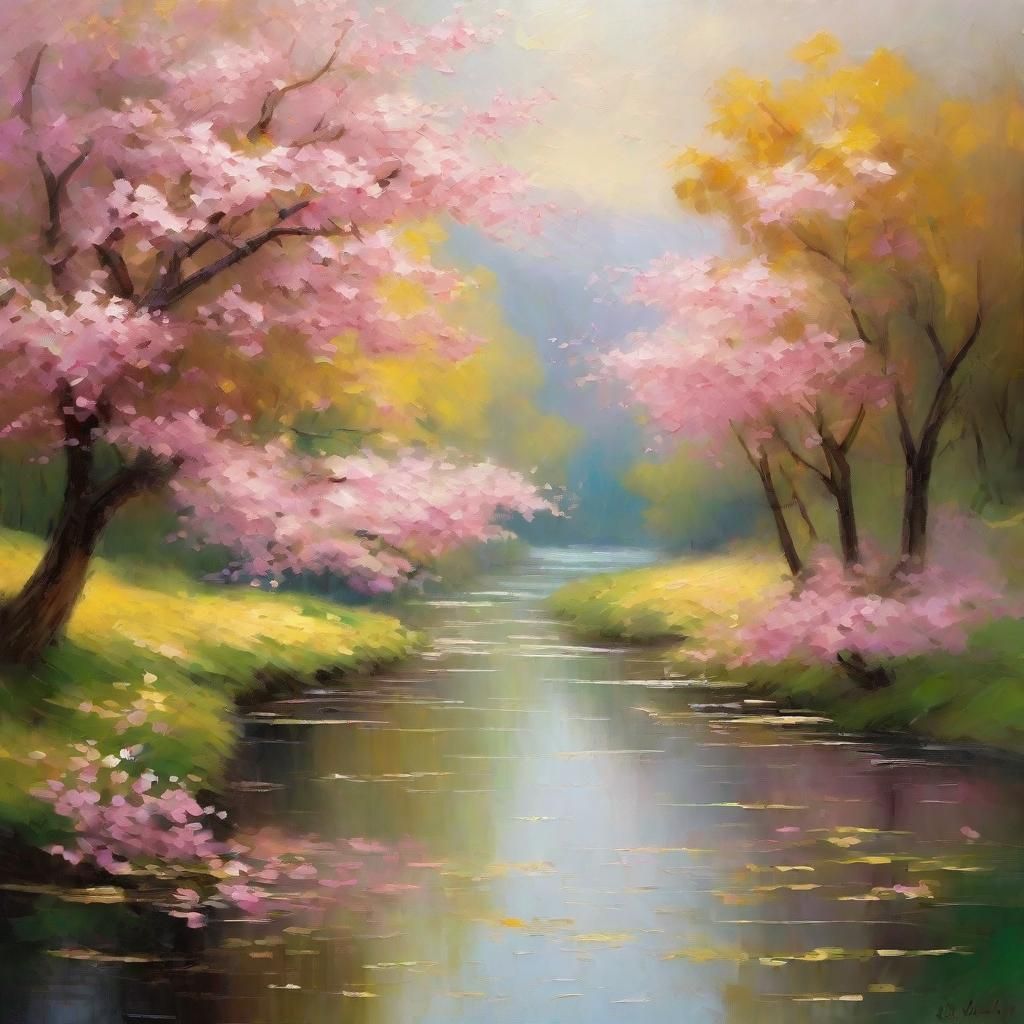 Impressionist River Landscape with Blossoming Trees