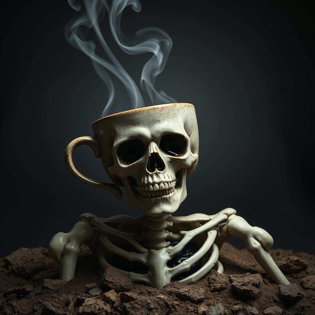 Skeleton Erupts From Ground with Coffee Cup Head in Surreal ...