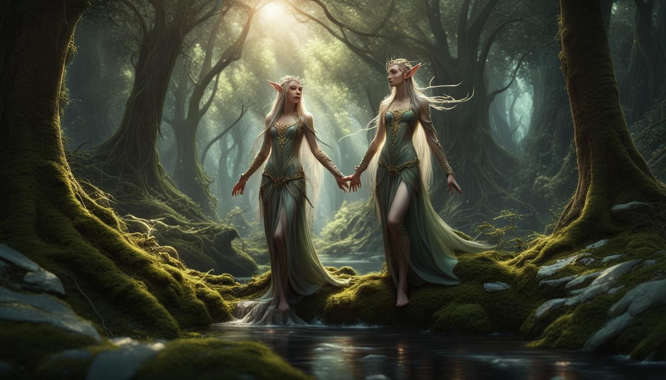 Ethereal Elves in a Dark Fantasy Landscape
