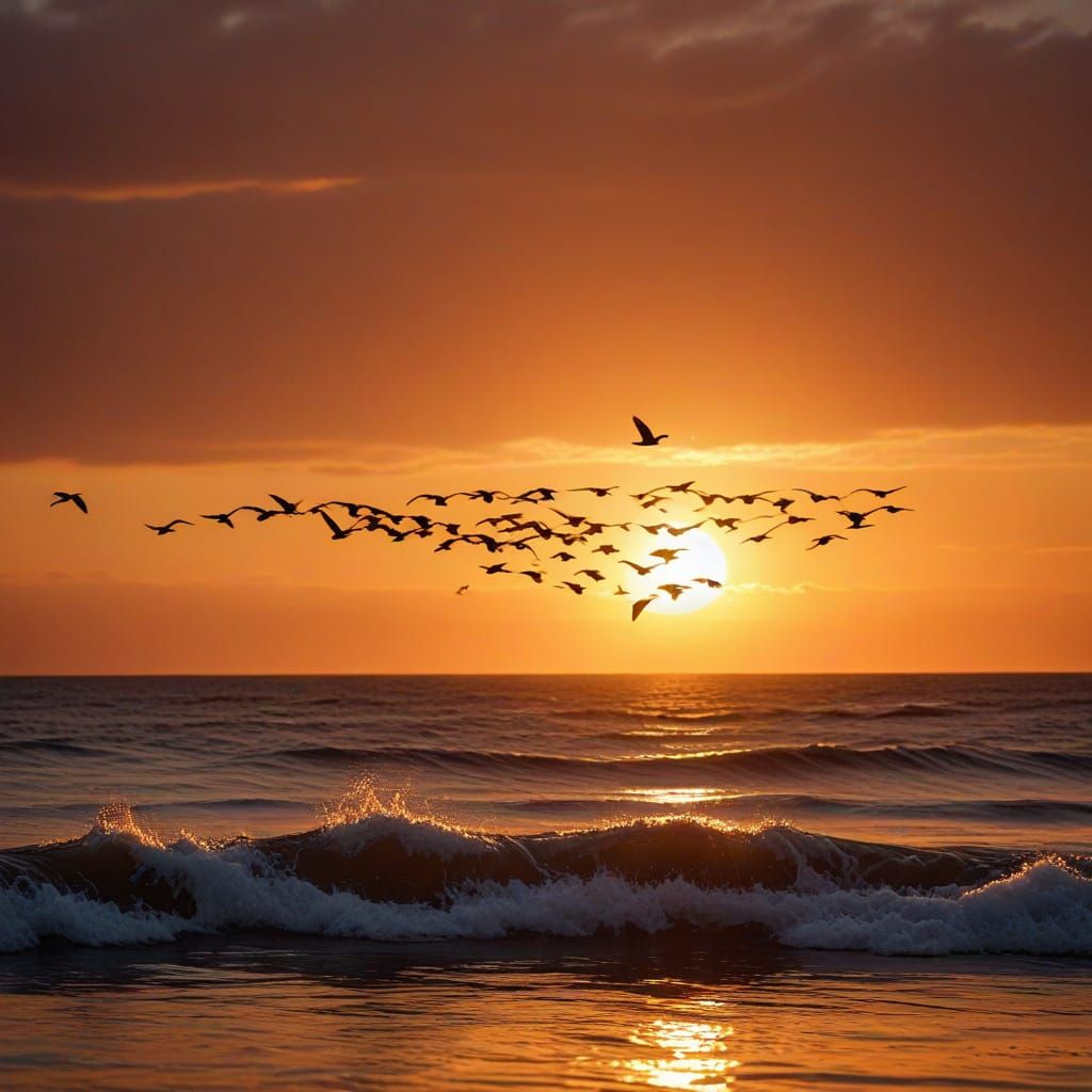 Migratory Birds Soar Over Ocean at Sunset