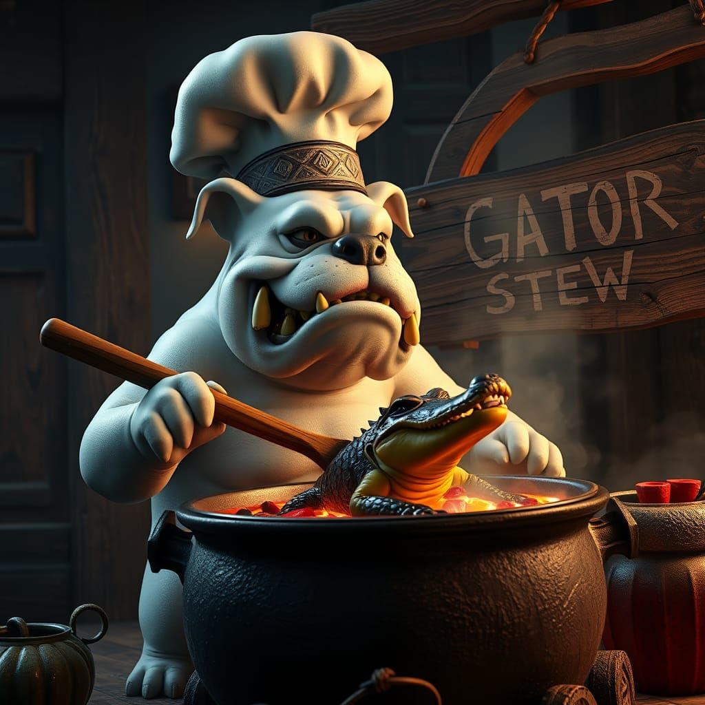 Bulldog Chef Cooking Gator Stew: 3D Render