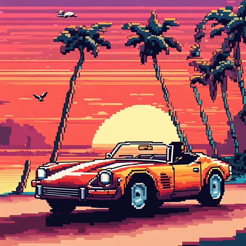 Sunset Beach Sports Car in Retro Pixel Art