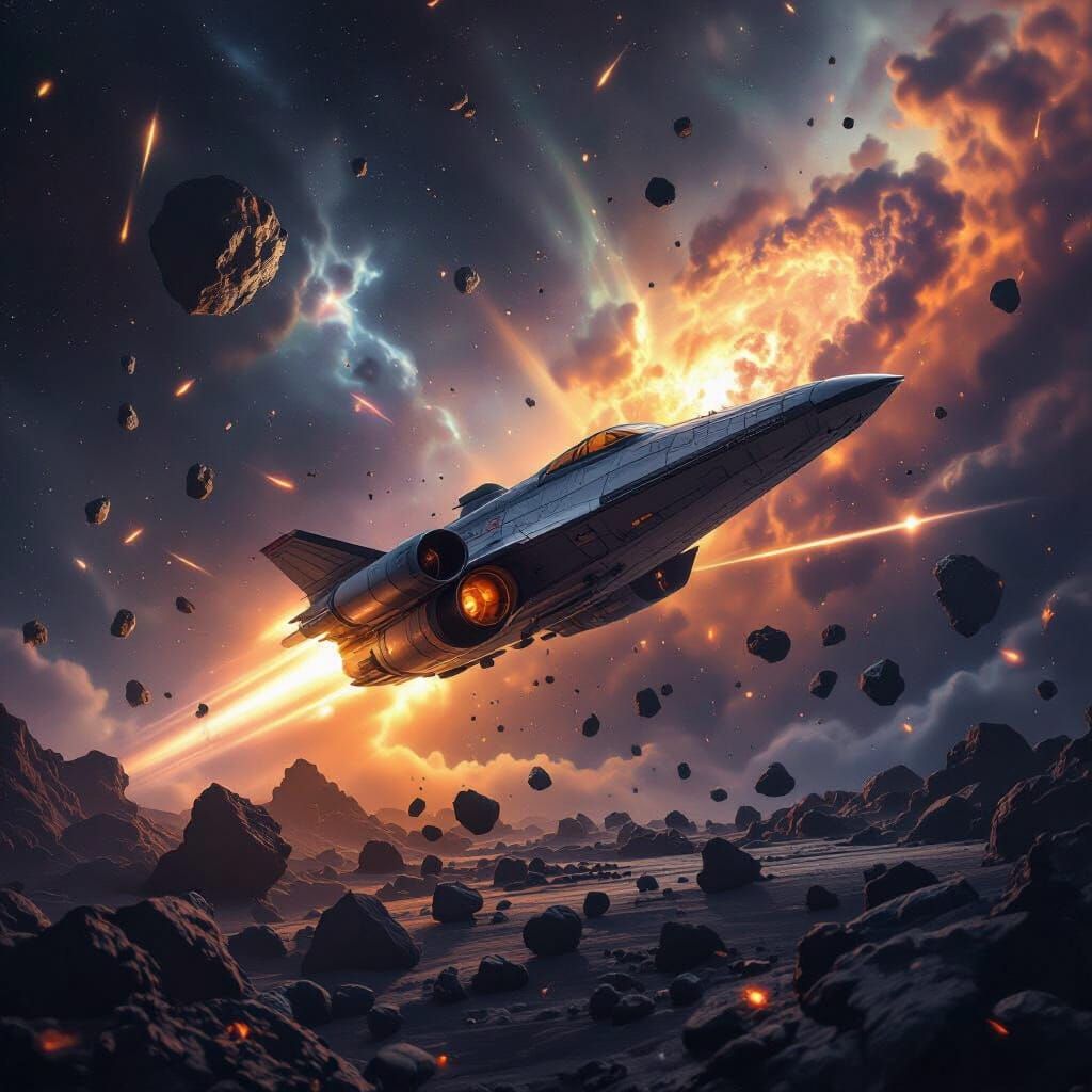 Spaceship Navigates Meteor Storm Near Nebula