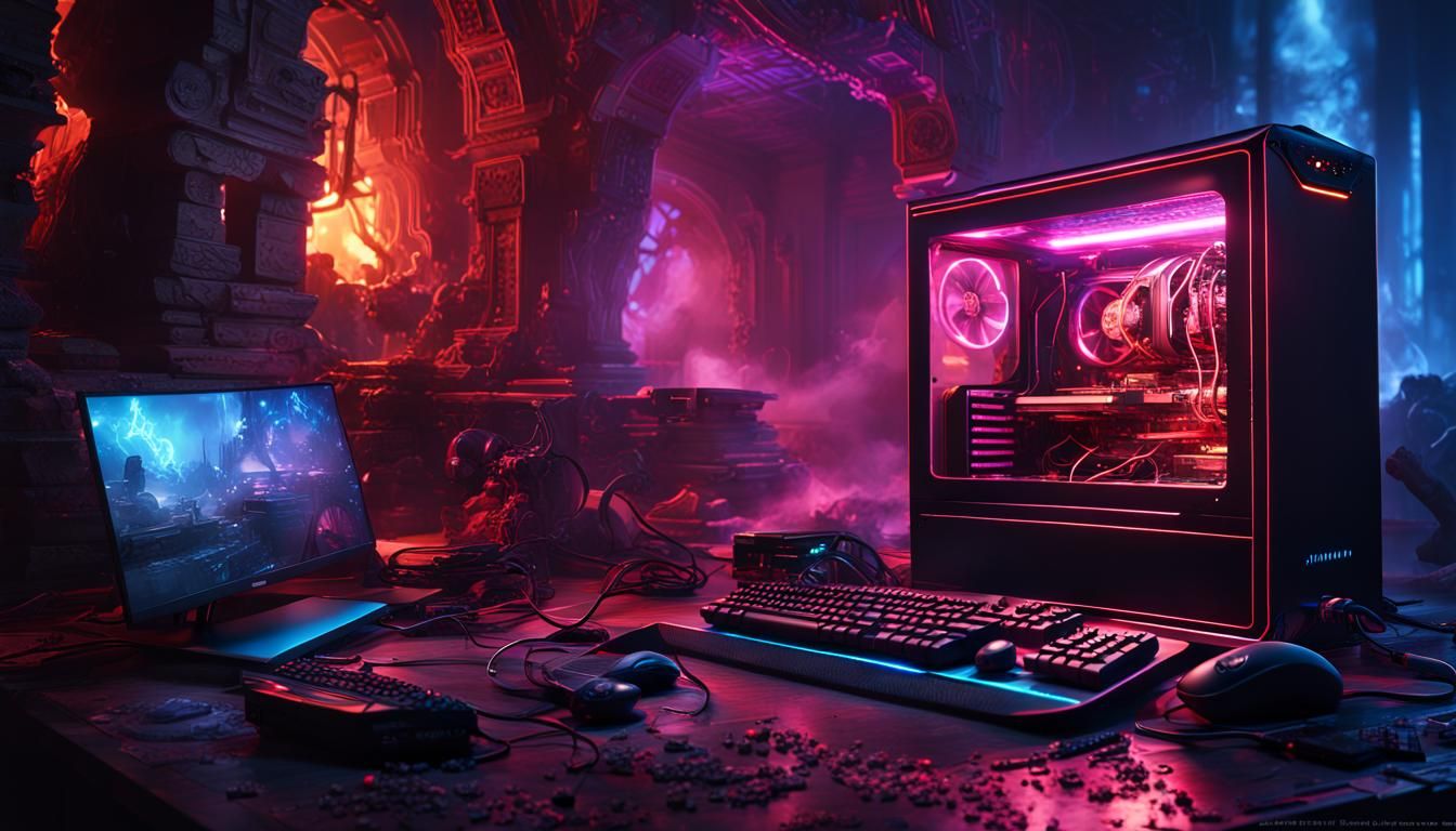 Hyperdetailed Gaming PC with Neon Lights in Digital Art