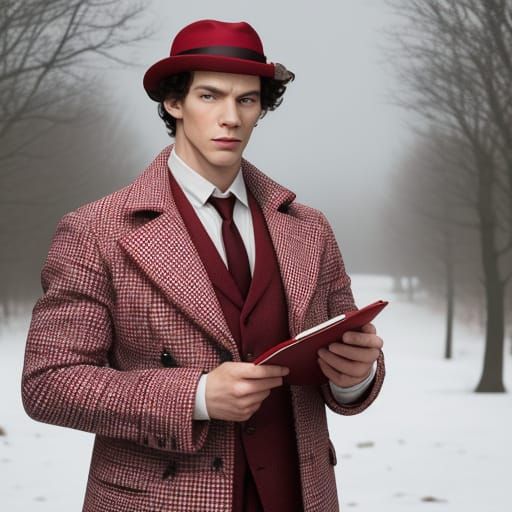 A young beefcake Sherlock in a red and white gingham coat and hat, looking for clues on the moor near Baskerville Hall