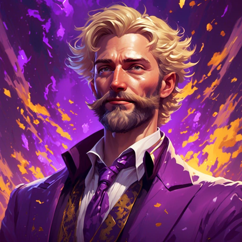 Confident Blond Man Surrounded by Purple Magic