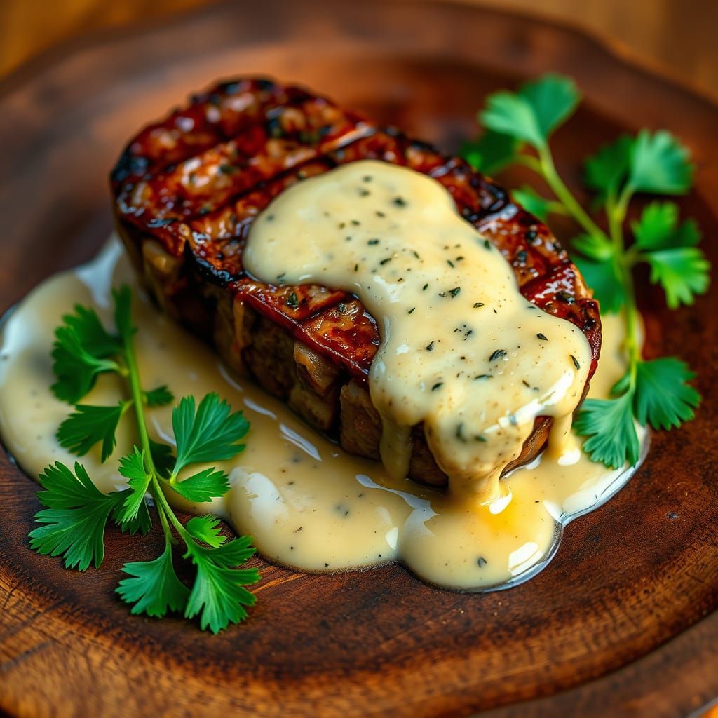 Juicy Steak with Garlic Sauce, Golden Lighting