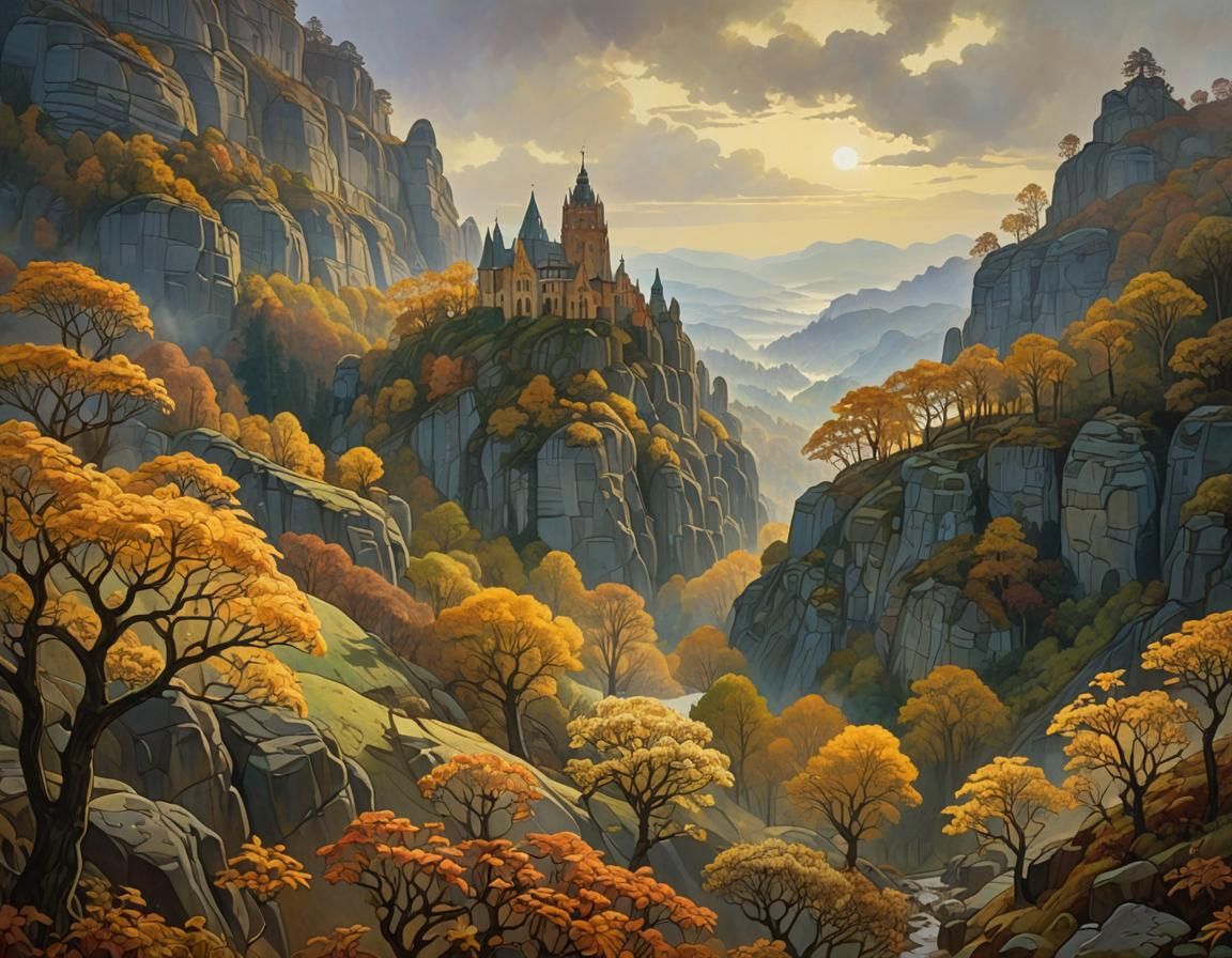 Ethereal Elbe Sandstone Mountains in Impasto Style
