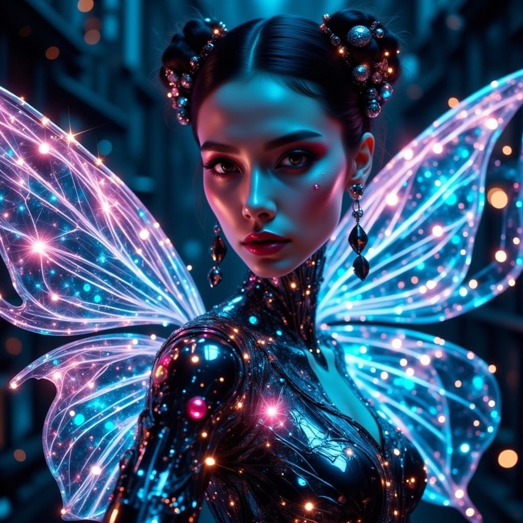Neon Cyborg Butterfly Woman in Sci-Fi Anime