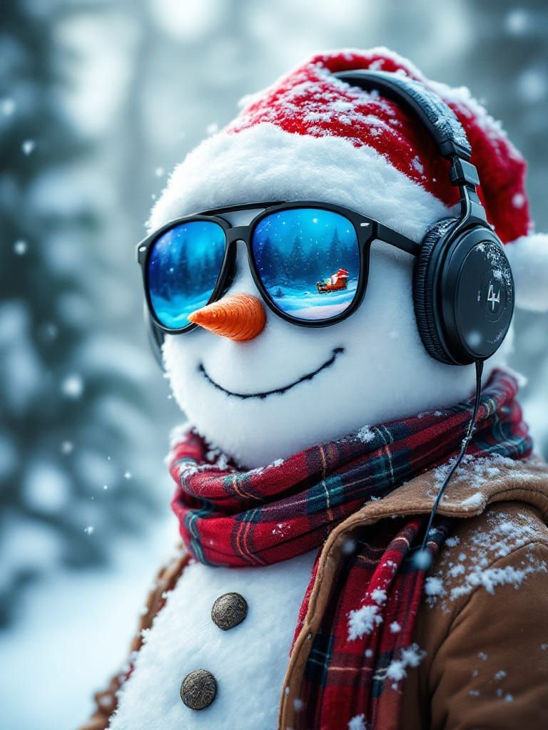 Whimsical Snowman with Santa Hat and Reflective Sunglasses