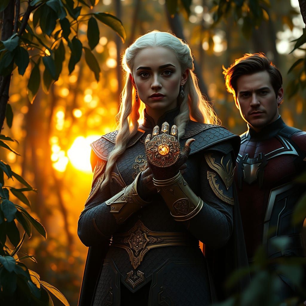 Mythic Queen Daenerys and Superheroes in an Enchanted Sunset