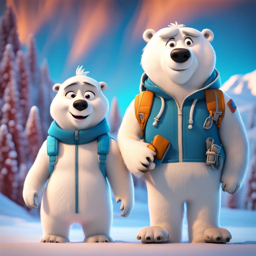 Norm and Elizabeth Polar Bear in Skiing Outfits