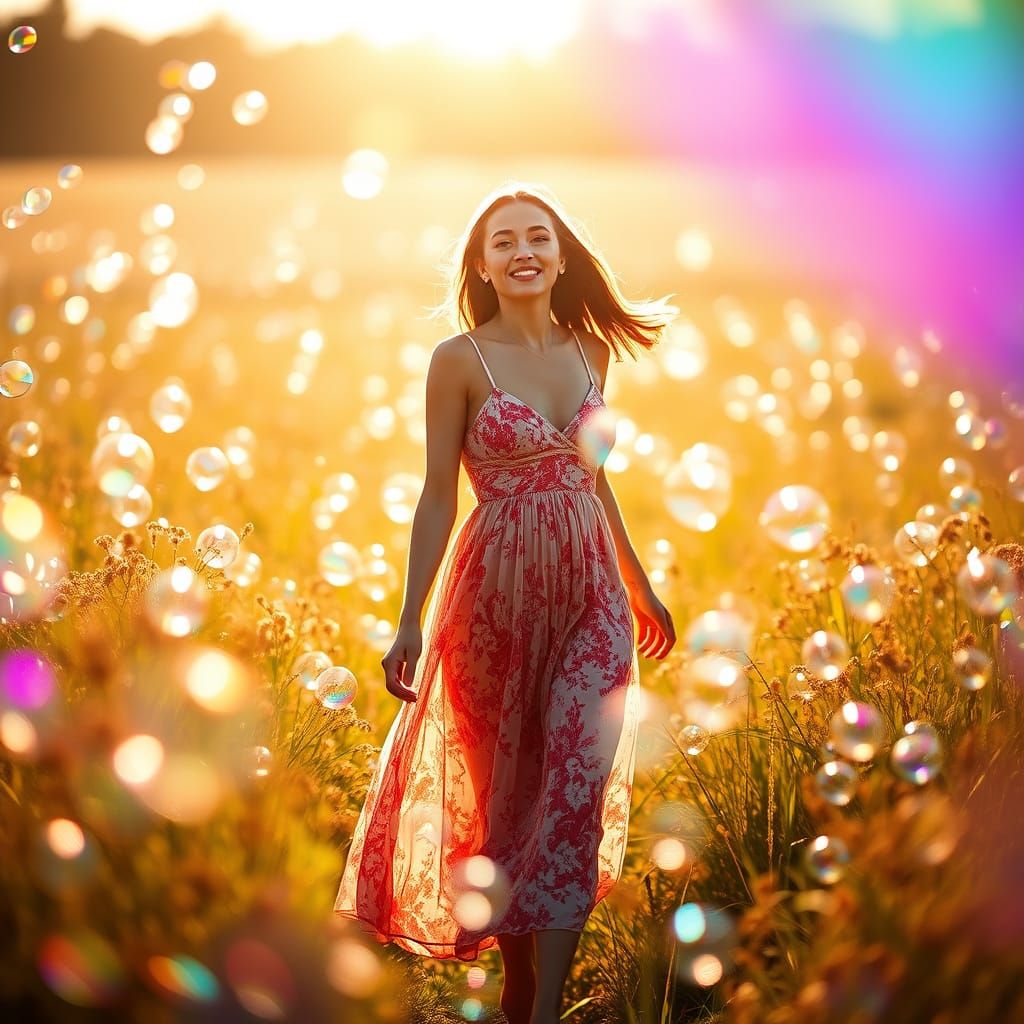 Woman in a Bubble Field, Cinematic Photography